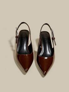 女士咖啡棕色漆皮尖头单带粗跟高跟鞋，优雅尖头正式高跟鞋，时尚露跟高跟鞋 - 咖啡棕 - 查看 5