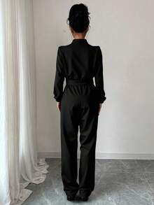 Set conjunto 2 piezas tejido ligero chamarra cierre botones cuello solapa pico manga larga puño dos solapas decorativas pretina cintura estilo bomber pantalón largo tipo jogger con elástico extremo dos solapas laterales cómodo fresco eleganate día noche fiesta evento jardín primavera verano día noche fiesta evento calle diario - Negro - Ver 2