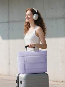 Puffer Tote Bag For Women, Lightweight Puffy Work Handbag Teacher Nurse Quilted Shoulder Bag For School Travel Gym - Màu tím - Xem 9