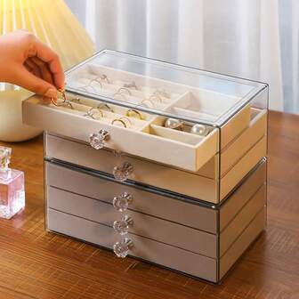 Stylish Transparent Multi-Layer Drawer Style Multifunctional Stackable Layered Jewelry Box With 3-Layers, Home Desktop Countertop Bracelet Watch Storage Box, Adjustable Velvet Tray For Storing Earrings, Rings,Necklaces, Bracelets And Watches, Fashionable Multi-Functional Jewelry Storage Box Suitable For Dressing Table.Earring Necklace Box, Earring Storage Box, Jewelry Box, Jewelry Box ﻿