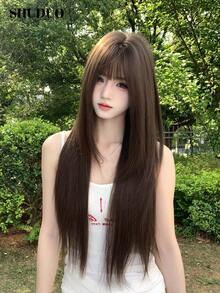 SHUDUO 1 件合成耐热直发棕色假发，由纤维制成，适合日常使用，自然逼真的假发（不含配件）