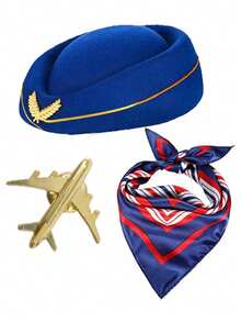 D EXCEED 1/2/3 Pcs Stewardess Hat, Scarf & Airplane Pin Set – Women's Flight Attendant Cosplay Accessories For Halloween, Themed Parties & Costume Events - Multicolor - View 3