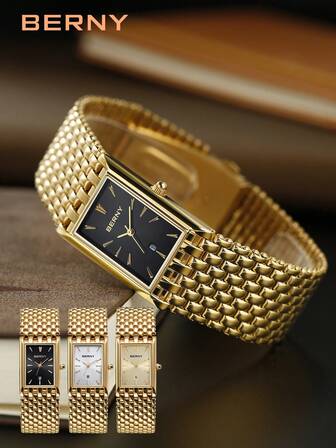 BERNY Men's Black Stainless Steel Business Quartz Watch With Square Dial And Date Pointer,30 Meters Water Resistant,Light Luxury Minimalist Wristwatch,Suitable For Both Business And Leisure Use.