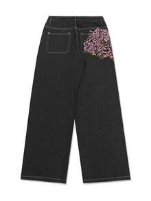 大码时尚花卉刺绣复古宽腿宽松牛仔裤 - 黑色 - 查看 7