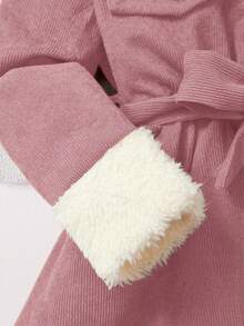 2pcs/Set Baby Girls Casual Fur Collar Long Sleeve Dress + Hat, Spring/Autumn/Winter, Infant Toddler Turndown Collar Button Waist Romper Dress, Elegant Princess Corduroy Dress Suitable For 0-1-2-3 Years Old, 6-9 Months, Outdoor, Casual, Party, Holiday Gift - 粉色 - 查看 4