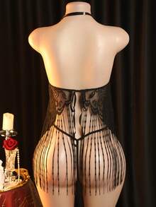 2 件性感内衣套装黑色蕾丝吊带流苏围裙文胸带腰带和内裤 - 黑色 - 查看 2