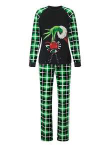 Family Matching Christmas Pajamas Set 2Pcs Christmas Ball  Plaid Print Holiday Xmas Long Sleeve Crew Neck Casual Loose Tee Shirt Tops With Elastic Long Pants Holiday Pajamas Sleepwear For Home Gathering,Family Photos, Xmas Party - 綠色 - 查看 4
