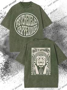 230g Washed, Versatile Mask With Double-Sided Pattern Printing, Premium Washed Distressed Wax Printed Pure Cotton T-Shirt, Men's Fashionable Casual Cotton T-Shirt, Short Sleeved Round Neck T-Shirt, Holiday Gift - 軍綠色 - 查看 1