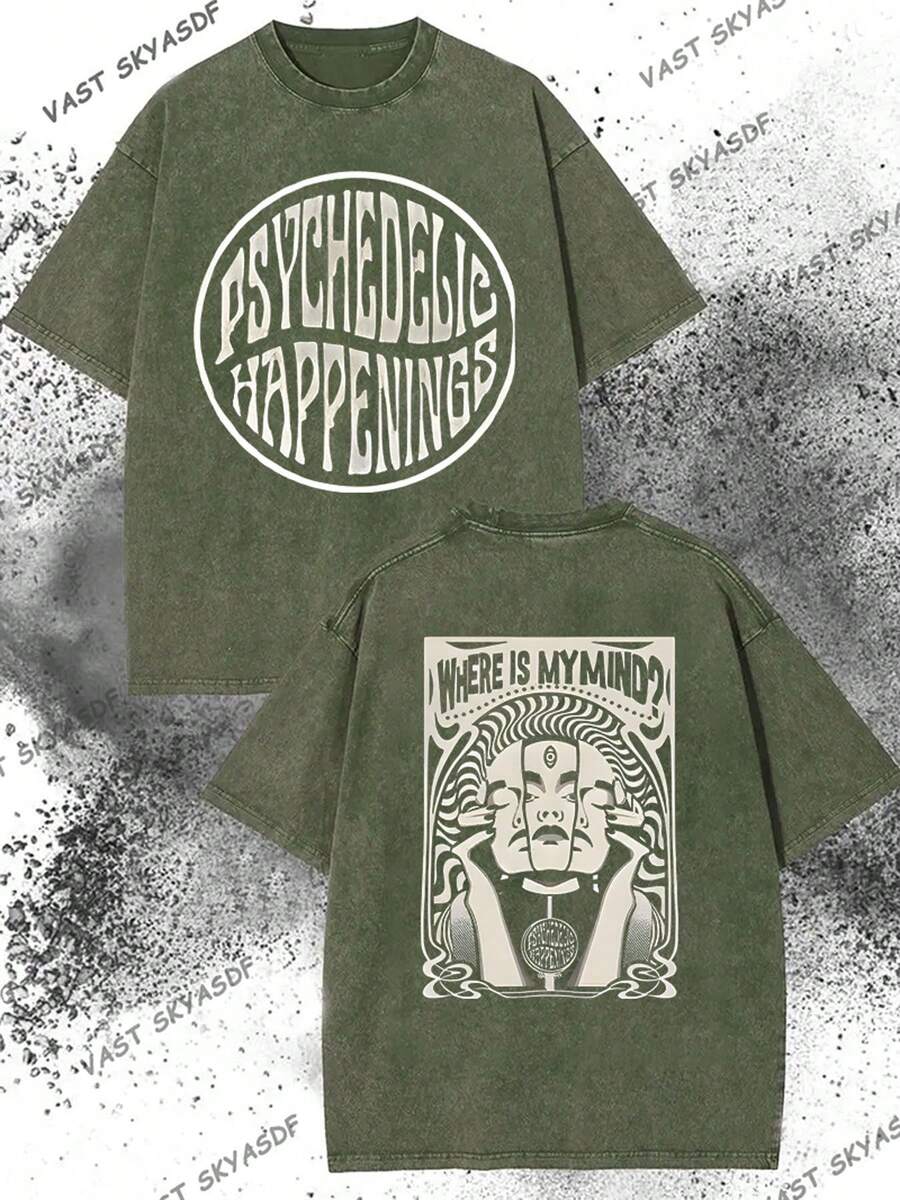 230g Washed, Versatile Mask With Double-Sided Pattern Printing, Premium Washed Distressed Wax Printed Pure Cotton T-Shirt, Men's Fashionable Casual Cotton T-Shirt, Short Sleeved Round Neck T-Shirt, Holiday Gift - 軍綠色 - 查看 1