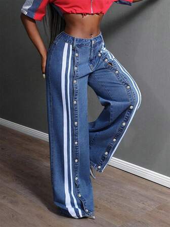 Chicsale Women's Boyfriend Jeans Wide Leg With Side Stripe & Full Button Fly - Street Style Straight Leg Full Length Denim Pants