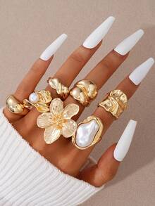 Set 14/7 bucăți, inele groase supradimensionate, cu model floral din perle artificiale, rășină colorată, geometrică, formă asimetrică, lichidă, direcțională, rotundă, asimetrică, texturată, design gol, multistrat, metalice, design elegant și minimalist la modă, potrivite pentru sărbători, petreceri, întâlniri, cadouri, purtare zilnică