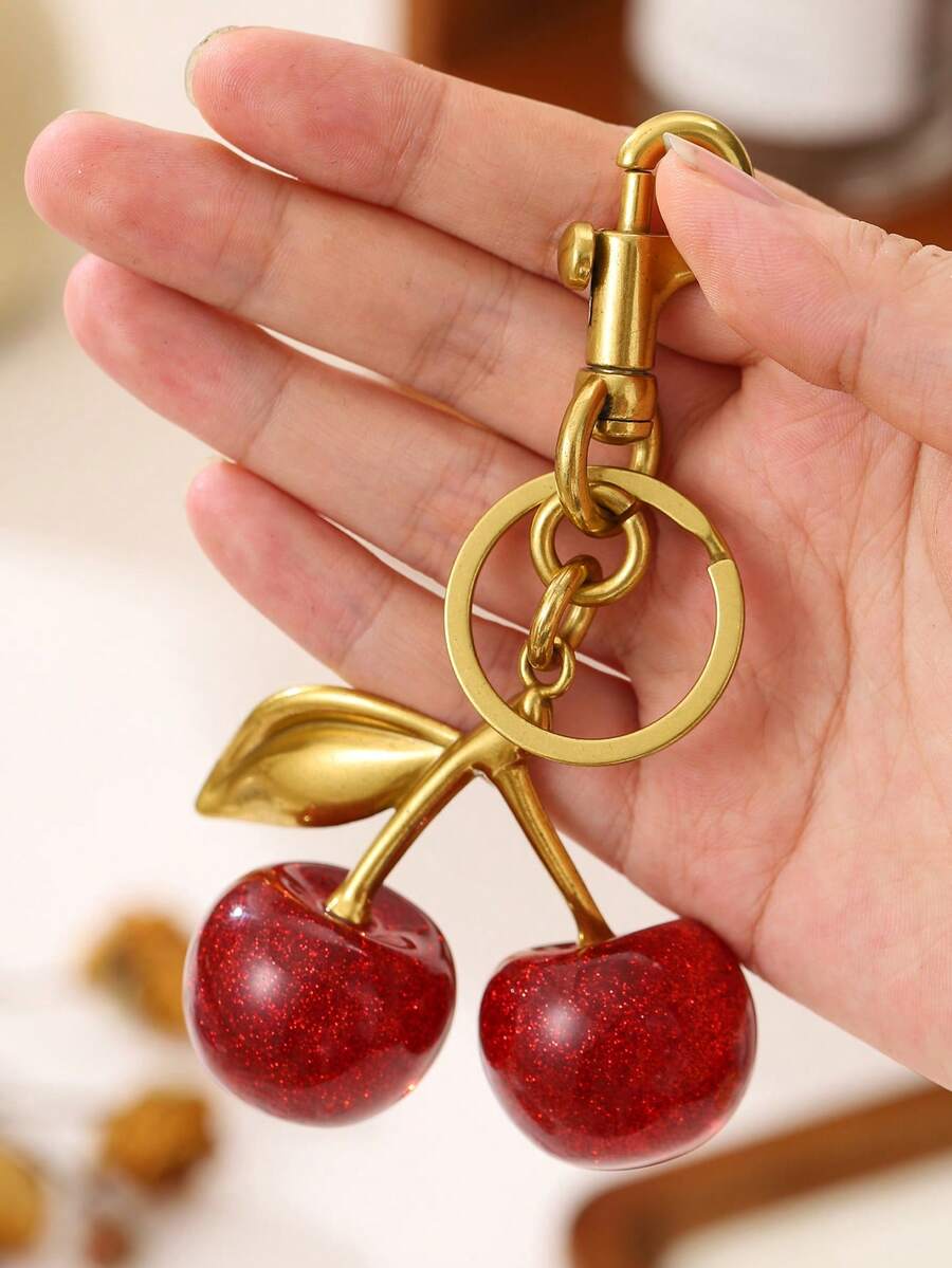 1pc Large Cherry Crystal Pendant, Keychain Pendant, Shiny Cherry Pendant Keychain With Clip, Sparkling Resin & Metal Accessories, Unisex Keychain,