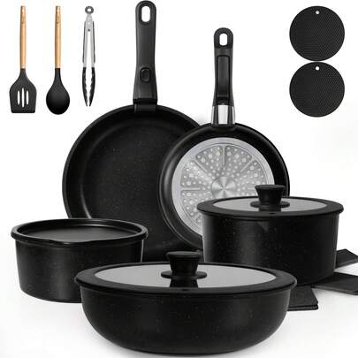 KIKCOIN 20 Pcs Pots And Pans Set Stick, Detachable Handle Cookware Sets Nonstick, Induction RV Cooking Set With Removable Handles, Dishwasher/Oven , E