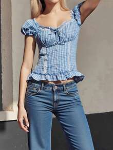 Women T-Shirt, Short Sleeve Lace Patchwork Summer Plaid Tops Streetwear For Casual Daily - Màu xanh lam - Xem 5