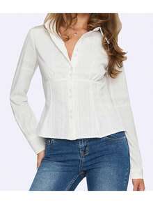 Womens Long Sleeve Plaid Shirts Collared Button Down Shackets Casual Fall Outfits 2025 - White - View 3