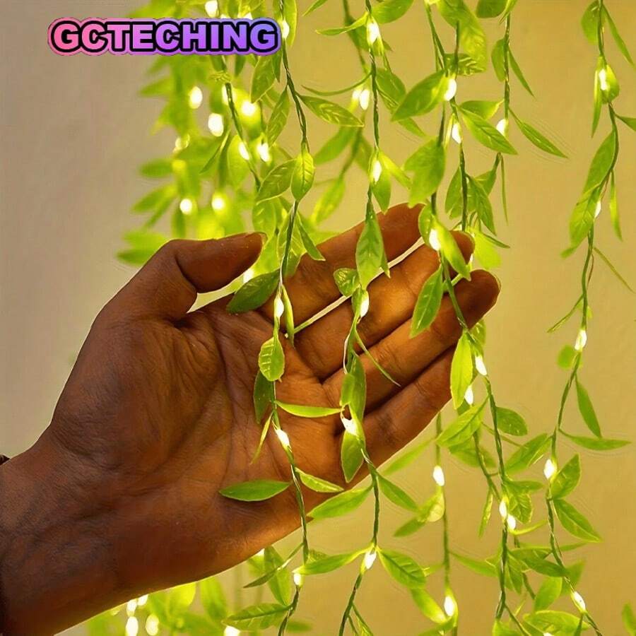GCTECHING 1pc 2m Green Leaf Garland String Light, 20 LED Bulbs, Battery Powered Warm Light, Suitable For Fireplace, Railing, Curtain, Christmas Gift, Party, Wedding, Room, Table, Indoor Decoration (Can Be Displayed In Multiple Ways) - Warm White - View 1