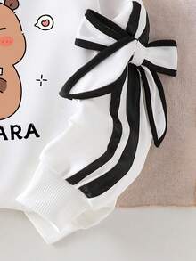 少女卡通印花圆领毛衣和紧身裤套装 - 白色 - 查看 3