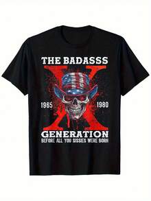 Camiseta Vintage X-Generation - Diseño de Calavera y Bandera Americana "Born to Be ", 1965-1980, 100% Algodón, Cuello Redondo Casual, Tallas S a XXXL, Camiseta de Uso Diario| Camiseta gráfica patriótica| Tela duradera - Negro - Ver 2