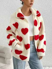 Women's Oversized Heart Print Fluffy Long Sleeve Zip-Up Cardigan, European And American Style, Autumn/Winter