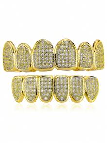 1 Set Fashionable 6-Tooth/8-Tooth Copper Micro-Inlaid Zirconia Metal Hip-Hop Teeth Jewelry, Shiny Stage Props, Nightclub Accessories Unisex