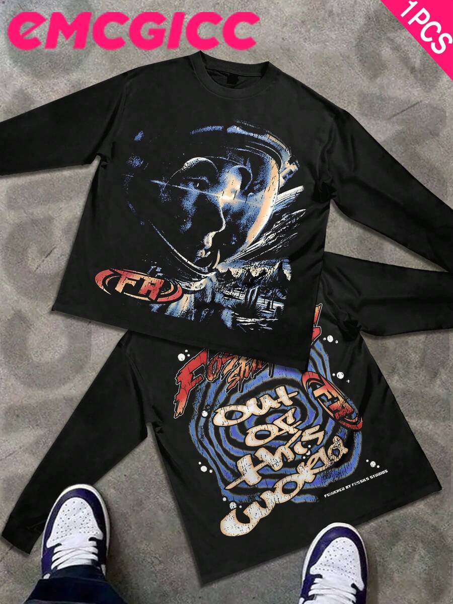 EMCGICC Street Life Men's Y2k Style (250 Cotton T-Shirt) Long Sleeve Shirt, Space Visual Printing,Cotton Graphic T-Shirt, Men's Hip Hop Style - Long Sleeve T-Shirt, Fun Vintage Shirt, Regular Fit, Street Style, Halloween, Digital Print, Ideal Gift - màu đen - Xem 1