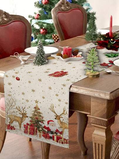1 peça/10 peças de caminho de mesa com padrão de árvore de Natal e veado, decoração de Natal para casa, decoração sazonal de inverno, estilo moderno, material semelhante ao linho, 33 x 91 cm/33 x 183 cm/33 x 274 cm, 3 opções de tamanho, artigos para festas de Natal em ambientes internos e externos, decoração temática de Natal, decoração de quarto. Adequado para decoração de cozinha e festa de Natal.