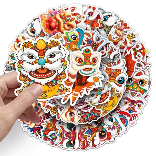 50pcs Lion Dance Stickers, Chinese New Year Stickers, Wall Decoration, Window Decoration, Home Decoration, Creative Gifts Vinyl Waterproof Stickers For Journaling Computer Scrapbook Luggage Water Bottle Phone