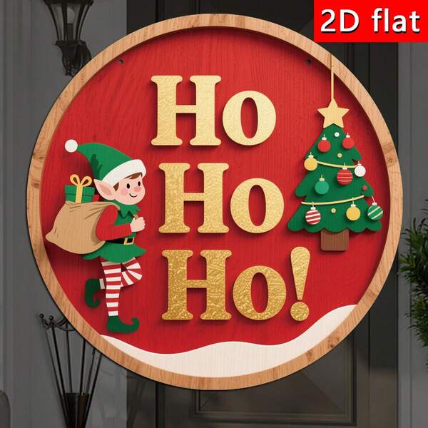 1 pieza Adorno redondo de madera esencial de Navidad, esquema de color rojo y verde clásico con ambiente festivo. "¡Ho Ho Ho!" dorado combinado con elementos de duende y árbol de Navidad, vintage pero caprichoso, adecuado para habitación, sala de estar, lugar de fiesta de Navidad, aumenta instantáneamente el ambiente navideño, el talla grande vendido