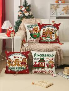 4 piezas Funda de cojín con diseño de hombrecillo de jengibre navideño, estilo lindo de poliéster suave, decoraciones festivas, funda de cojín perfecta para decoración navideña, invernal, rústica para sofá, dormitorio, sala de estar, cama, hogar, regalo de Navidad