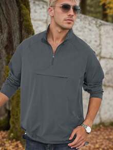 Men's Casual Quarter Zip Pullover Sport Lightweight Jacket Hiking Golf Men Standing Tie Pocket - 灰色 - 查看 1
