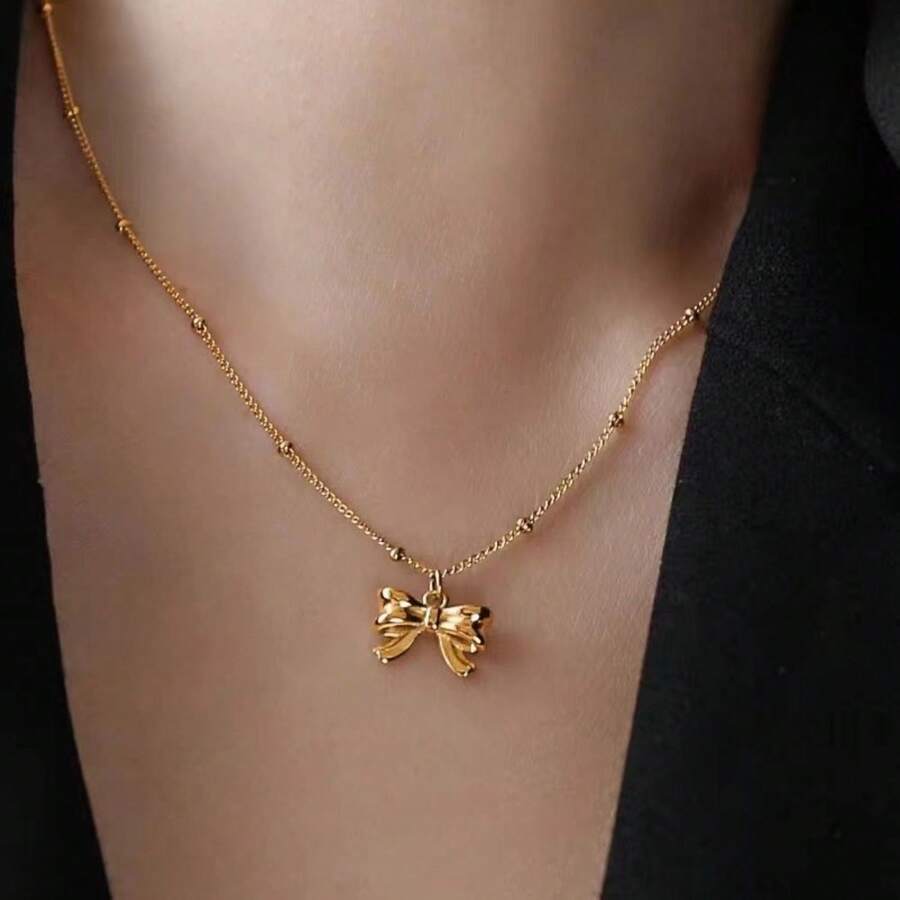 Fashion Bow Bead 18K Stainless Steel Necklace, Women's Clavicle Chain, Simple, Blogger Style, Same Style - Để dán - Xem 1