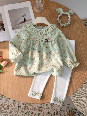 3 件套女婴春秋装，长袖上衣、裙子和头带