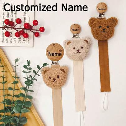 Personalized Wooden Pacifier Clip With Cartoon Bear Design, Customized Name