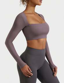 YEOREO Women's Square Neck Crop Top Workout Tops Long Sleeve Shirts Cropped T Shirts Women Cute Top - Deep Purple - View 3