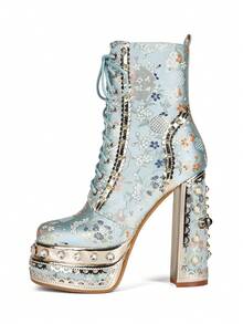 Green Embroidered Fabric Thick High-Heeled Short Boots, Daily Party Boots - Green - View 7