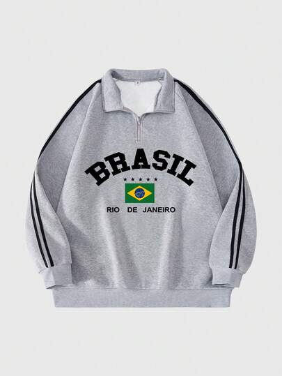 Herr vår/höst sportig mode svart kortärmad t-shirt med vävda remmar, tryck med Brasiliens flagga och minimalistiskt bokstavsstjärnmönster, lämplig för skolan, fritidskläder; ljusgrå dragkedja, gatustil, present till pojkvän