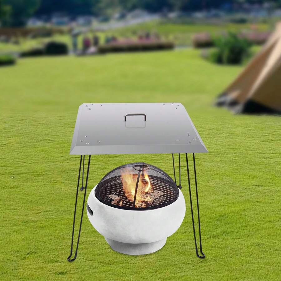 Outdoors Fire Pit Heat Deflector Pushes Heat Down And Out Stainless-Steel With Carrying Handle - Silver - View 1