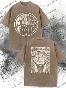 230g Washed, Versatile Mask With Double-Sided Pattern Printing, Premium Washed Distressed Wax Printed Pure Cotton T-Shirt, Men's Fashionable Casual Cotton T-Shirt, Short Sleeved Round Neck T-Shirt, Holiday Gift - 卡其色 - 查看 1