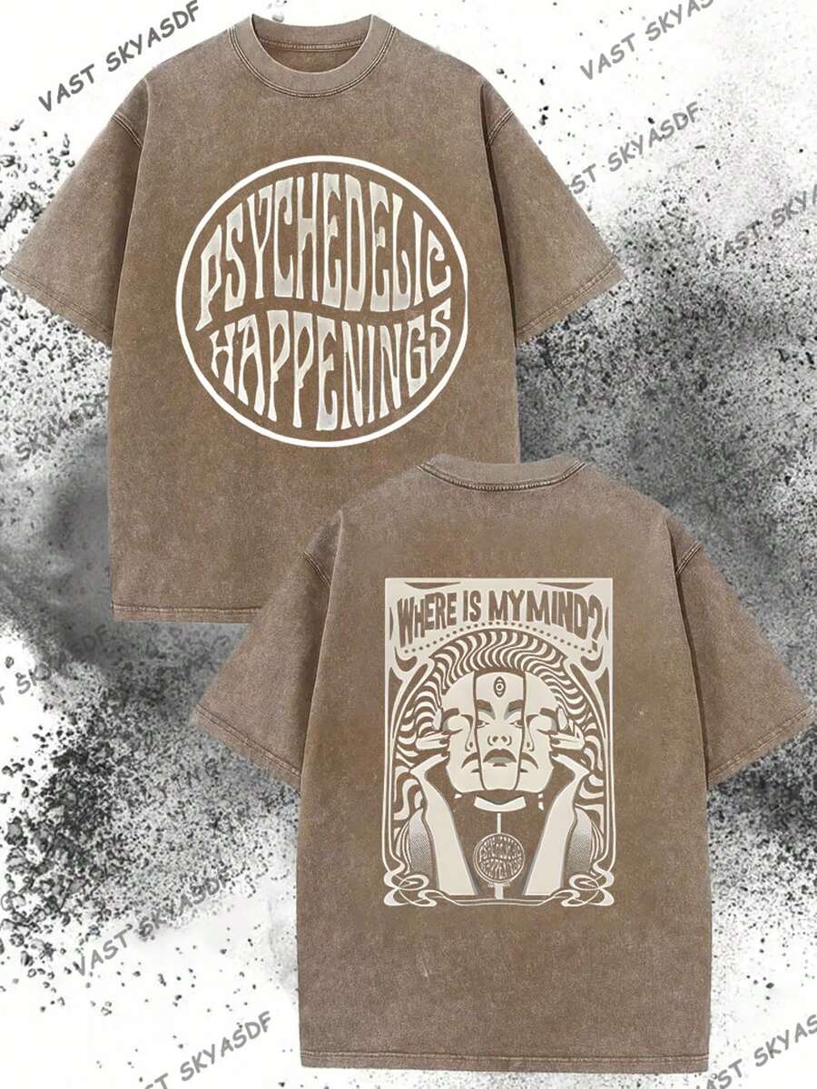 230g Washed, Versatile Mask With Double-Sided Pattern Printing, Premium Washed Distressed Wax Printed Pure Cotton T-Shirt, Men's Fashionable Casual Cotton T-Shirt, Short Sleeved Round Neck T-Shirt, Holiday Gift - 卡其色 - 查看 1