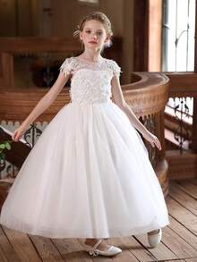 Vestido de niña para boda de tul blanco, vestido de niña de flores largo con bordado de encaje - Blanco - Ver 7