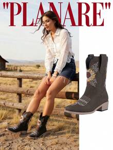 planare 女士时尚休闲一脚蹬摩托车靴，西部风格粗跟鞋，秋季深棕色鞋子，秋季，长靴，橡胶鞋，冬季靴子，中筒靴，女士时尚靴子 - 深棕色 - 查看 2