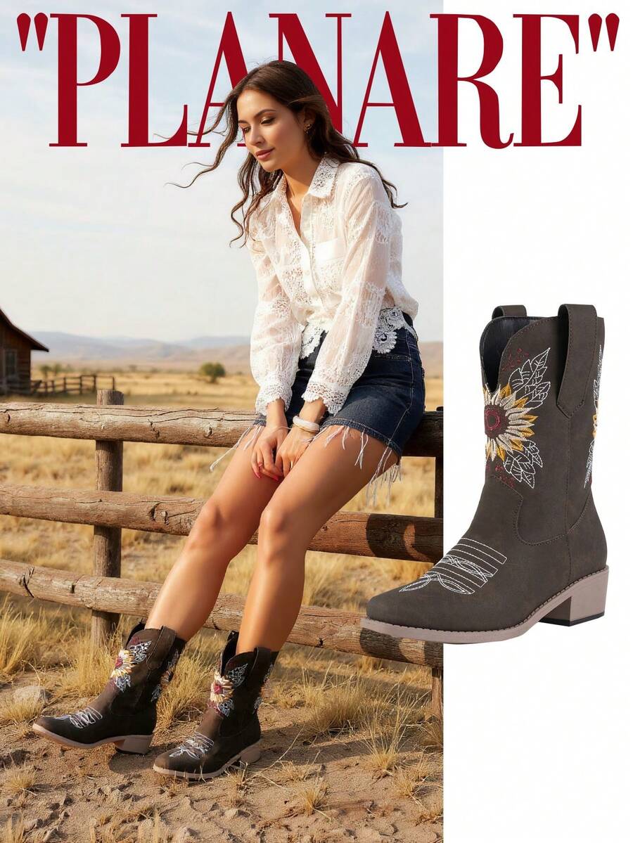 planare 女士时尚休闲一脚蹬摩托车靴，西部风格粗跟鞋，秋季深棕色鞋子，秋季，长靴，橡胶鞋，冬季靴子，中筒靴，女士时尚靴子