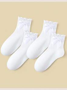 1/4 Pairs/Set Women's Trim & Lace Pattern Plain White Color Comfortable Crew Ruffle Socks, Fall - White - View 16