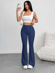 Women's 3-Piece Casual Solid Color Wide-Waist Flare Pants, Leggings Fold-Over Waist High Waist Ruched Slim Fit,Outdoor Clothing Fall Outfits For Women - 淺色 - 查看 7