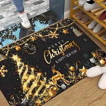 Paillasson thème noir et or de Noël avec design d'arbre de Noël et couronne de renne - résistant à la saleté, léger, convient pour la salle de bain, le salon, la chambre, la cuisine, le bureau - décoration de Noël