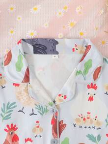 2 件套女孩和青少年休闲卡通小鸡印花翻领长袖开衫和裤子睡衣套装，阻燃，适合所有季节