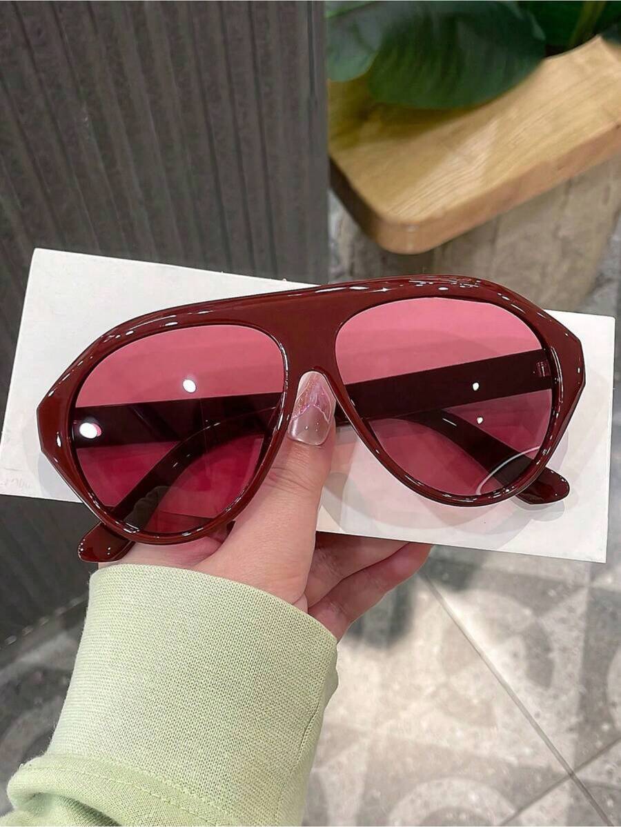 1pc Women's Wine Red Pilot PC Frame Solid Color Large Frame Streetwear Holiday Fashion Fashion Glasses - 酒紅色 - 查看 1