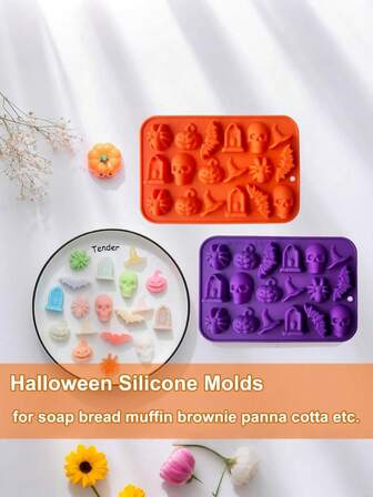 1 PIEZA Molde de chocolate de Halloween con forma de calabaza, murciélago, calavera y tumba en silicona, utilizado para hacer chocolates, caramelos de goma, gelatina, cubitos de hielo, decoración de pasteles, es una opción ideal para decoraciones de fiestas de Halloween