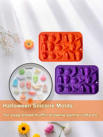 1 Stück Halloween Schokoladenform in Form von Kürbis, Fledermaus, Schädel, Grab und Spinne, aus Silikon, zum Herstellen von Schokolade, Gummibonbons, Gelee, Eiswürfeln und zur Kuchendekoration, ideal für Halloween Party Dekorationen