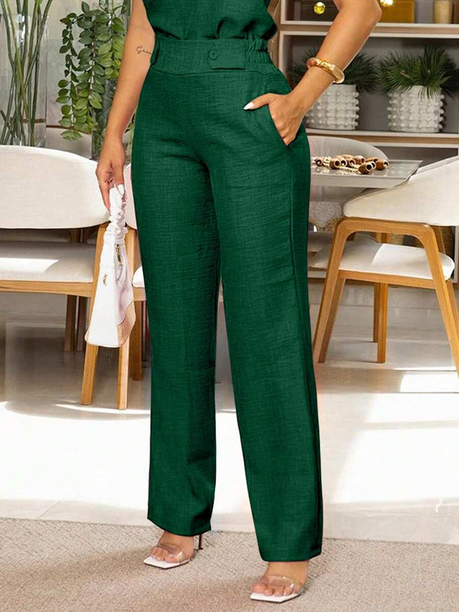 Women's Fashionable Casual Elegant Pants With Slant Pockets And Button Details, Suitable For Commuting Spring - Dark Green - View 1